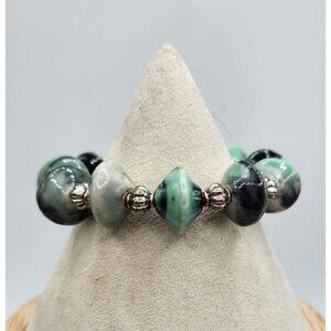 Green Bicone Glass Beads With Silver Accent Balls